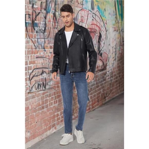 Mens Faux Leather Jacket Black Bomber Motorcycle Slim Fit Zip Up Biker Coat - Picture 7 of 8